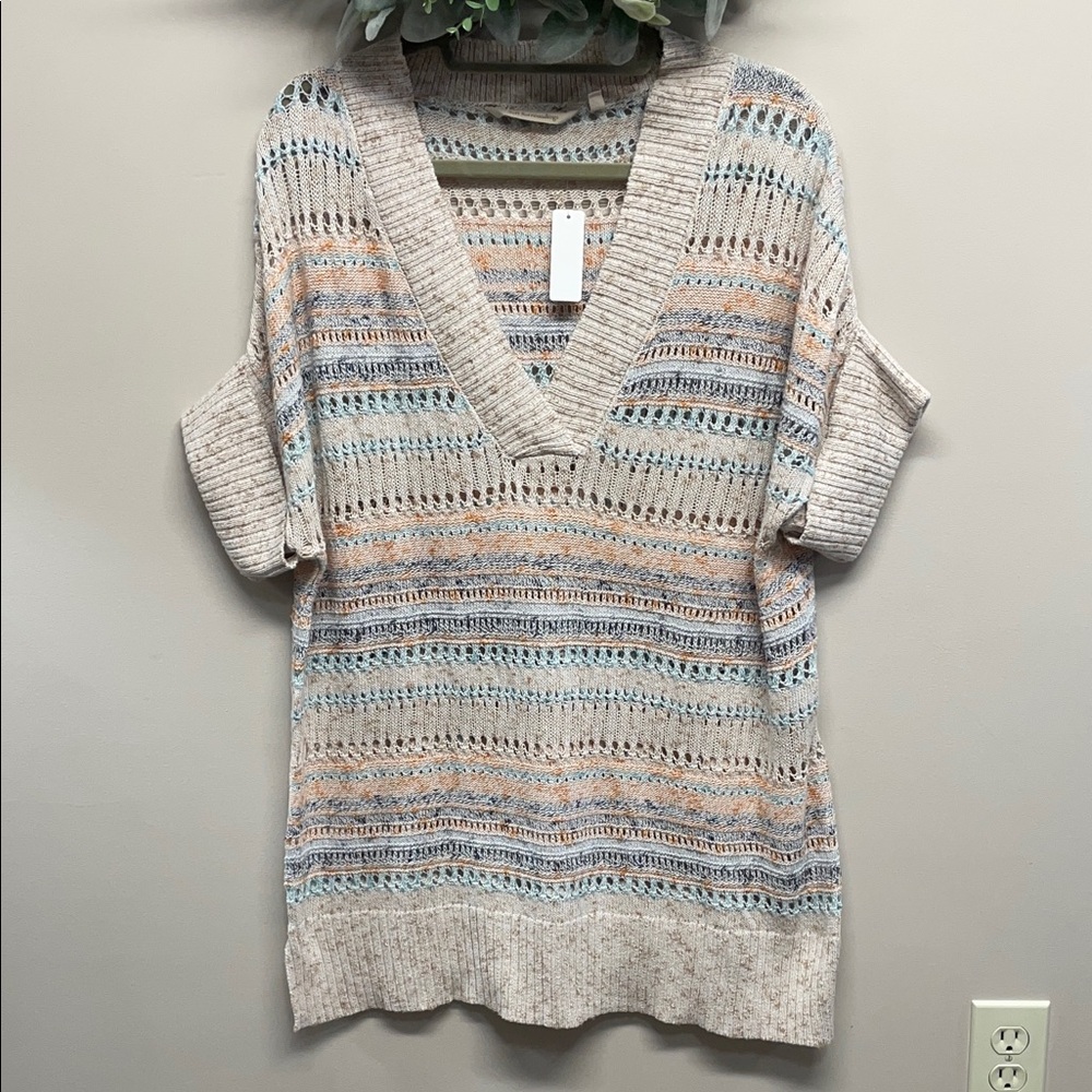NWT Soft Surroundings Oatmeal Striped Emery Open Weave V-neck Sweater S